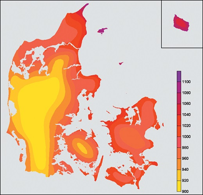 Kort over solindstrålingen i Danmark angivet ved kWh/m2 pr. år